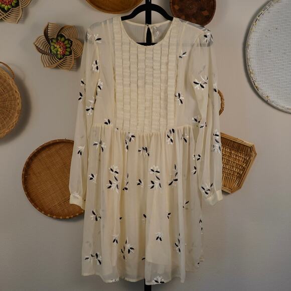 Feather Bone Anthropologie Feuille Embroidered Tunic Dress Ivory Womens Size 8 - Picture 3 of 10